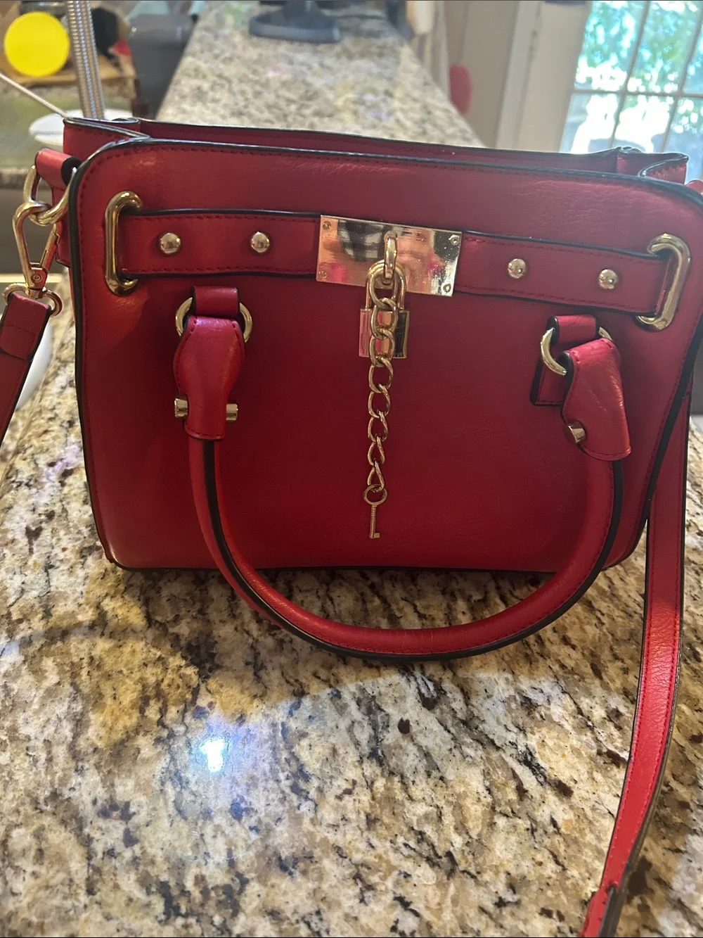 Charming Charlie Red Satchel with Gold Lock Charm